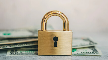 A golden padlock symbolizes security and protection over money, conveying sense of safety and trust.