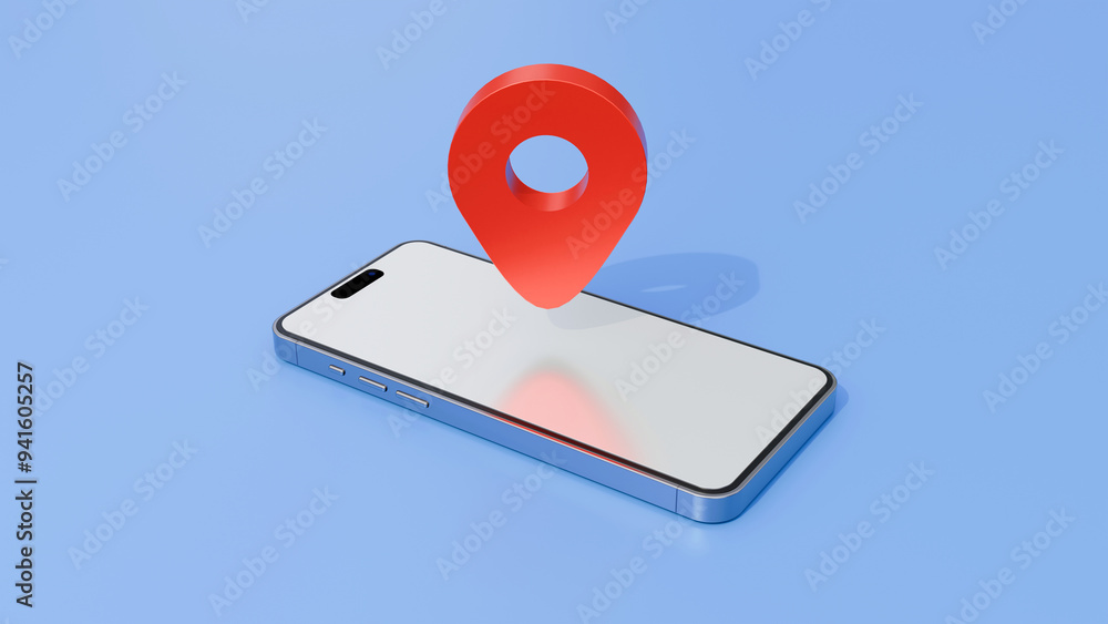 Poster gps and navigation symbol and blank screen smartphone on blue background. map pin icon on blank scre