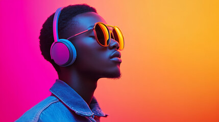 A man wearing headphones and sunglasses is looking at the camera