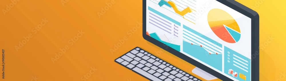 Poster modern computer workstation displaying analytical charts and graphs on screen. technology concept on