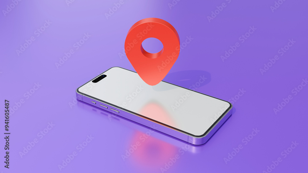 Poster gps and navigation symbol and blank screen smartphone on purple background. map pin icon on blank sc