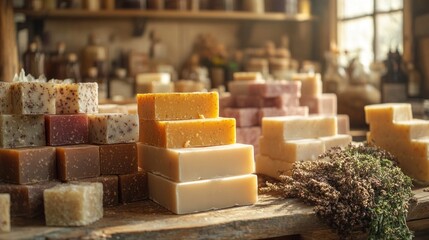 A variety of soaps are displayed on a wooden table
