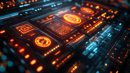 Obraz premium Futuristic Interface with Glowing Orange and Blue Lights 3D Illustration