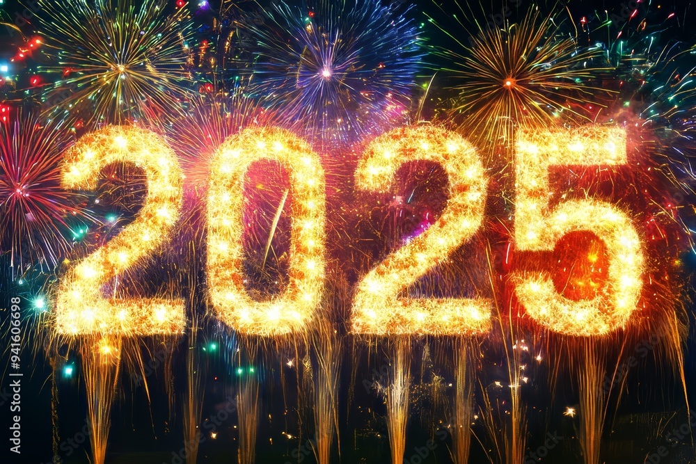Poster this is a colorful fireworks display with the number 2025 in the middle. the fireworks are arranged 