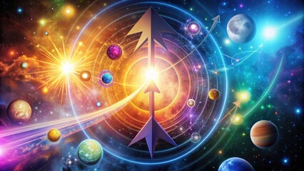 Cosmic Convergence: Upward-pointing arrow intersecting with planetary symbols, vibrant colors, sense of wonder