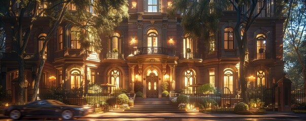 Fototapeta premium Elegant Urban Real Estate Property with Classic Architecture and Warm Evening Lighting