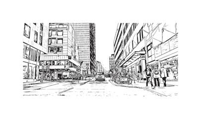 Print Building view with landmark of  Stockholm is the capital in Sweden. Hand drawn sketch illustration in vector.