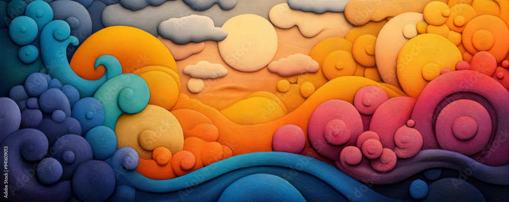Poster vibrant and colorful abstract landscape with swirling patterns, featuring a warm sun and dynamic clo