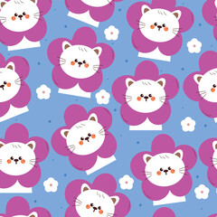 seamless pattern cartoon cat with flower. cute animal wallpaper for fabric print, gift wrap paper