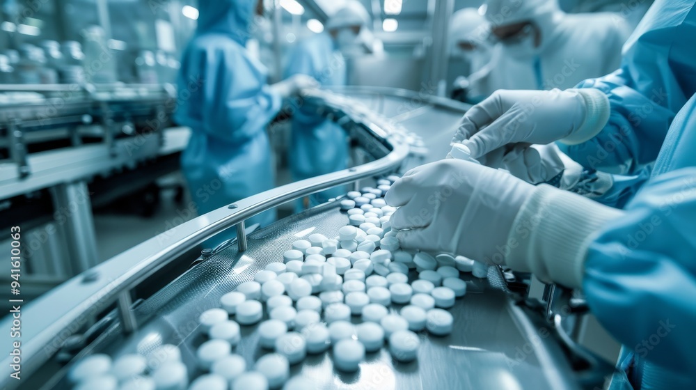 Aufkleber workers in full protective gear sorting and packaging pills on a state-of-the-art pharmaceutical pro