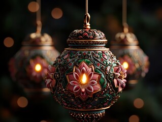 A close-up of ornate, handcrafted lanterns with intricate designs, softly glowing in a warm, dim light, setting a festive ambiance.