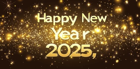 A banner or card wishing a happy new year in gold and gray on a black and brown gradient background with circles in bokeh