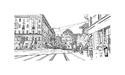 Print Building view with landmark of  Stockholm is the capital in Sweden. Hand drawn sketch illustration in vector.