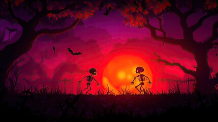 Fototapeta premium A vibrant sunset scene featuring two skeletons amidst haunting trees and colorful skies, perfect for Halloween-themed artwork.