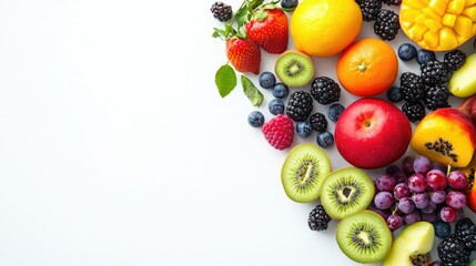 An overhead view of various fruits on a clean white background, text space available.