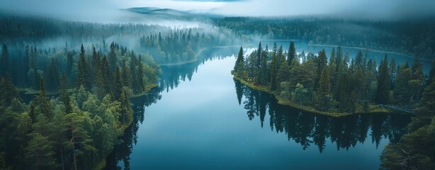 Fototapeta premium Aerial shot of the serene lakes and forests in the Finnish Lapland, with the Northern Lights illuminating the night sky. Shot with Panasonic lens