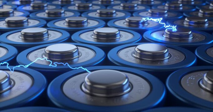 Lithium batteries interacting with energy lightning bolts. 3D Render.