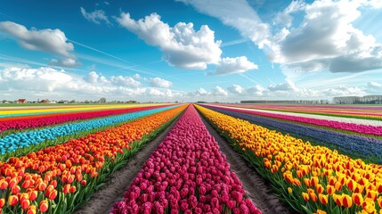 Scenic view of the vibrant tulip fields in the Netherlands, with rows of colorful flowers stretching to the horizon. Shot with Panasonic lens