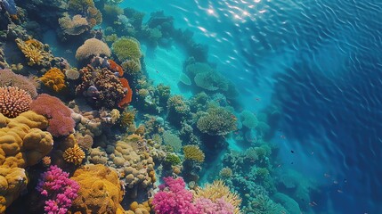 Scenic view of the vibrant coral reefs and crystal-clear waters of the Red Sea, with diverse marine life. Shot with Panasonic lens