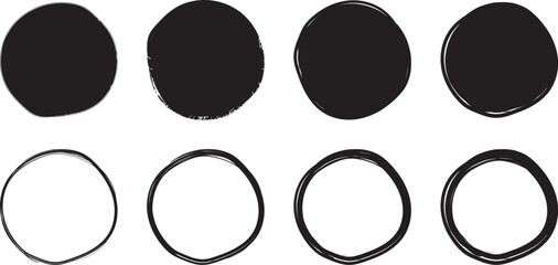 イラスト素材：手書きのシンプルな丸・円　白黒　ベクター　透過　可愛い　かわいい　手描き　Set of hand drawn simple black circles