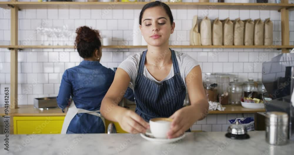 Poster Woman, startup coffee shop and waitress serving customer and barista for working, smile and store. Service, business owner and server with colleague, worker and apron for restaurant, drink and cafe