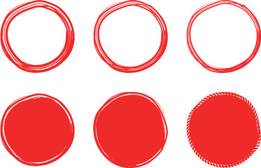 イラスト素材：手書きのシンプルな丸・円　赤　ベクター　透過　可愛い　かわいい　手描き　Set of hand drawn simple black circles