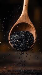 A close-up studio photograph of a wooden spoon pouring black sesame seeds from the top, showcasing detailed texture and natural freshness