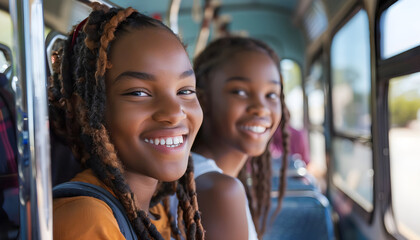 Obraz premium Smiling Two Friends: African American Girls Riding the Bus to School on a Sunny Day. Capturing the Joy and Friendship of a School Journey. Experience the Warmth of a Bright Morning with Friends.