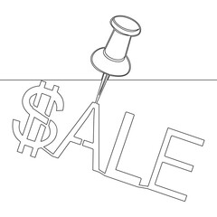 Continuous one single line drawing SALE inscription is affixed with a stationery button icon vector illustration concept