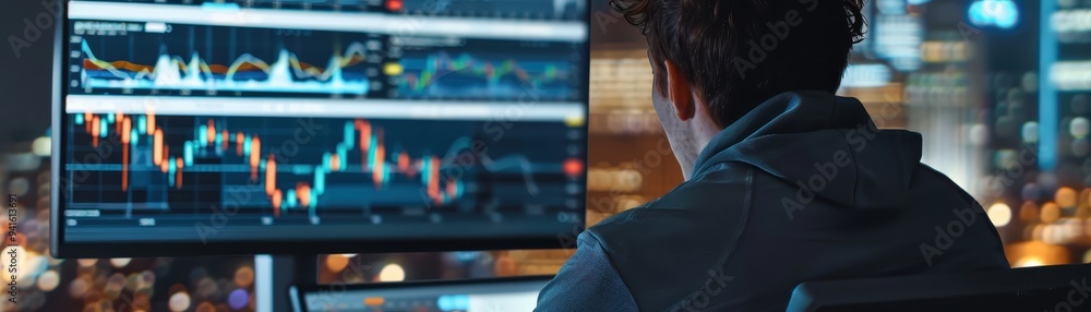 Poster man analyzing stock market data on computer monitors at night, focusing on financial trading trends 