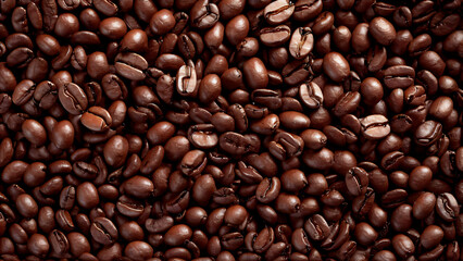 Fototapeta premium Detailed Close-Up of Glossy Coffee Beans: Rich Dark Brown and Light Brown Tones with Reddish Hues, Highlighting Roasting Cracks, Smooth Yet Uneven Texture, and Size Variations, Perfect for Coffee Prod