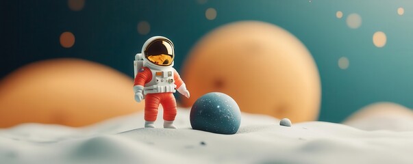 3D illustration of tiny astronauts exploring a small, detailed planet, creating a space-themed miniature scene that captures the wonder and curiosity of cosmic exploration.