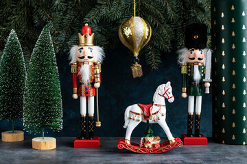 Festive Nutcracker soldier on Christmas background