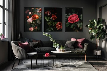 A cozy living room with a couch and two paintings on the wall, perfect for a relaxing atmosphere