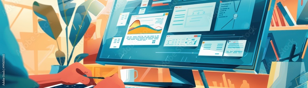 Poster person working at a computer with colorful and organized interface, highlighting productivity and mo
