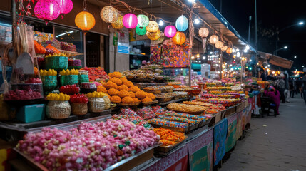 Obraz premium A bustling night market featuring colorful Indian sweets, vibrant lanterns, and decorative displays, capturing the lively spirit of a traditional festival.