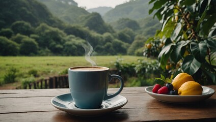 A serene nature setting with coffee and fresh fruits, perfectly blended