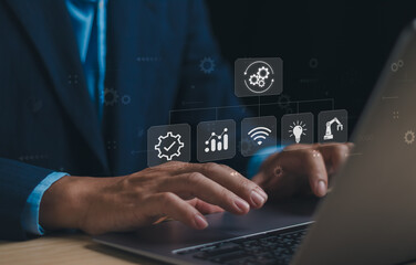 Concept of automatic control system with modern technology For managing business processes. businessman touches a gear icon showing the automation of software.Robotic Process Automation(RPA)