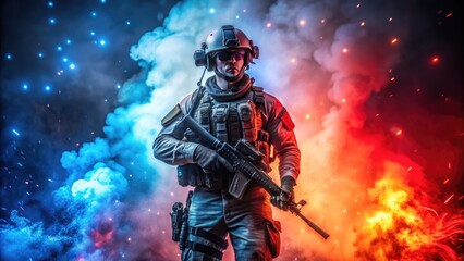 Naklejka premium CrimsonCourage: Bravery, Sacrifice, Aftermath, Red and blue lights, Smoke