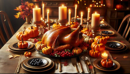 Thanksgiving vibe a beautifully set dining table adorned with a golden brown roasted chicken and small decorative pumpkins and colorful berries