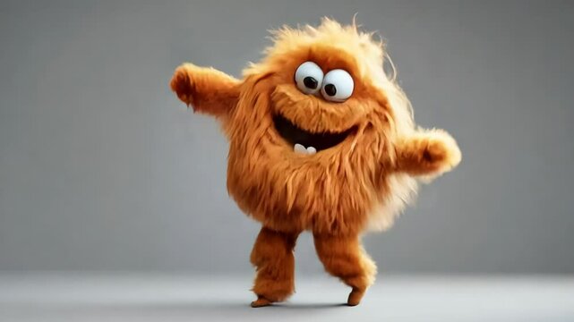 A fluffy orange creature dances joyfully on a plain background during a performance