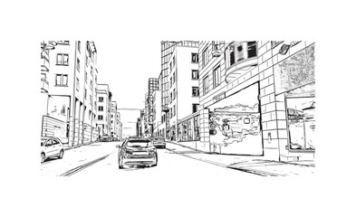 Print Building view with landmark of  Stockholm is the capital in Sweden. Hand drawn sketch illustration in vector.