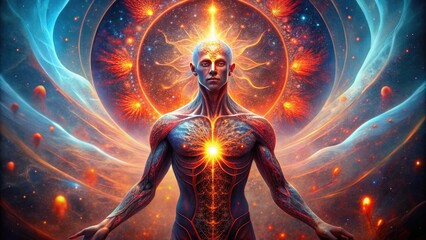 Crimson Radiance: Ethereal red light, glowing skin, mystical atmosphere, celestial connection