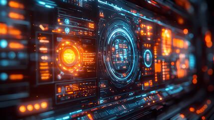 Obraz premium Futuristic Interface Design With Glowing Orange And Blue Lights 3D Illustration
