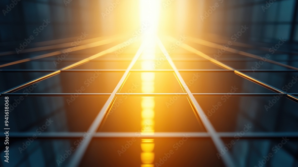 Poster a stunning view of reflective tiles illuminated by warm light, creating a captivating geometric patt