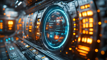 Fototapeta premium Futuristic 3D Interface - Control Panel with glowing Lights and Blue Circle