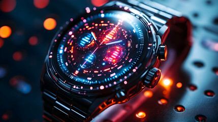 Futuristic Wristwatch with Blue and Red Lights 3D Illustration