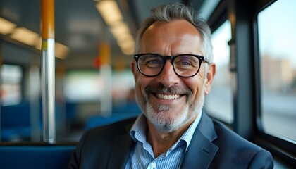 Fototapeta premium Portrait of a happy, smiling middle-aged businessman wearing eyeglasses, sitting on a public city transport bus seat near the window