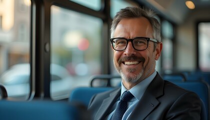 Fototapeta premium Portrait of a happy, smiling middle-aged businessman wearing eyeglasses, sitting on a public city transport bus seat near the window
