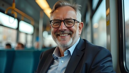 Fototapeta premium Portrait of a happy, smiling middle-aged businessman wearing eyeglasses, sitting on a public city transport bus seat near the window